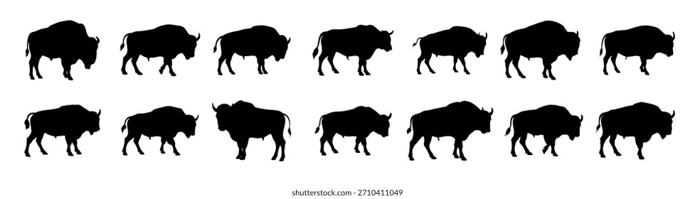 Bison Silhouette Icon Set - Wild Animal, Buffalo Vector Collection, Nature Clipart