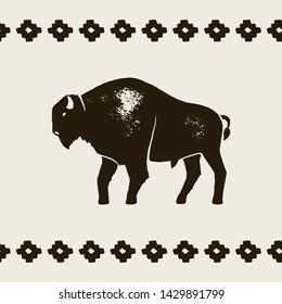 Bison Silhouette Icon. Vector Hand draw bison Symbol of America In Retro style with Grunge Texture on a Light background. Template for logo steak house, farm, t-shirt print and other.