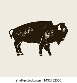 Bison Silhouette Icon. Vector Hand draw bison Symbol of America In Retro style with Grunge Texture on a Light background. Template for logo steak house, farm, t-shirt print and other.