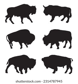 colección de conjuntos de silueta bison aislados en negro sobre fondo blanco ilustración vectorial