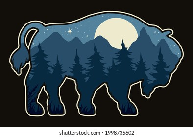 Bison silhouette vintage concept with night forest and mountains landscape inside it isolated vector illustration