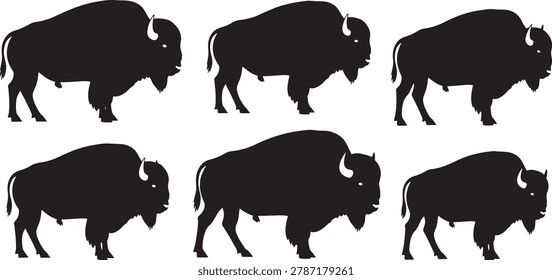 bison silhouettes; buffalo set; wild animals; standing position; different shapes.