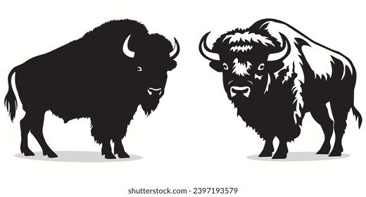 Bison silhouettes and icons. black flat color simple elegant white background Bison animal vector and illustration.