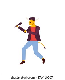 Bison singer background. Modern illustration slider site page. The concept of the Buffalo performs on stage design. Web banner bison sings on stage. Bison singer performing on stage vector image.