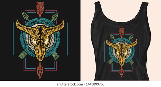 Bison skull and crossed arrows. Native american culture. Wild west apparel design. Template for fashionable clothes, modern print for t-shirts, apparel art