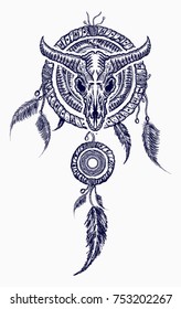 Bison skull and indian dream catcher tattoo. Tribal art. Native american culture. Wild west western symbols. Bull skull tribal style tattoo and t-shirt design