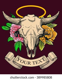 Bison Skull and Roses Vintage Engraving Art