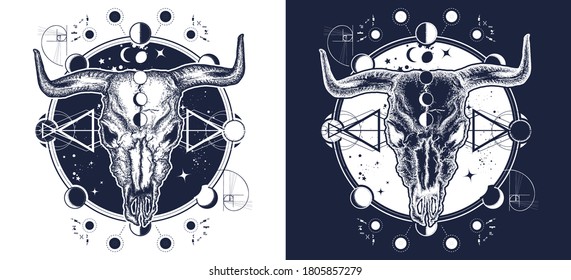 Bison skull tattoo. Shamanism. Soul of prairies against background of the Universe t-shirt design. Wild West and western art. Black and white vector graphics