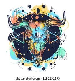 Bison skull tattoo watercolor splashes style. Native American bull skull symbol of secret knowledge, Shamanism. Soul of prairies against background of the Universe t-shirt design 