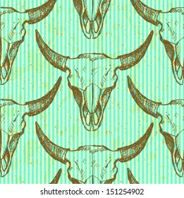 Bison skull, vector seamless pattern in sketch style