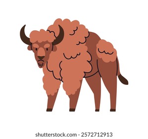 Bison, strong wild animal. Large horned buffalo, American herbivore fauna standing, looking. Forest character with fluffy fur and fierce gaze. Flat vector illustration isolated on white background