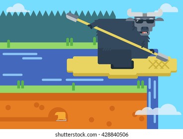 Bison swimming is engaged in a kayak. Stramka mountain river, against wildlife. Extreme descent through the waterfall. Active holiday on the open nature. Forest resident who spends summer vacation.