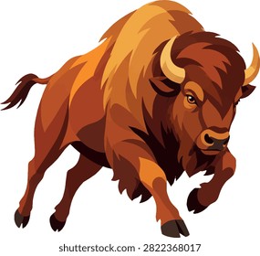 bison thundering across plains, three-quarter view, full body, prairie beast, decorative vector illustration