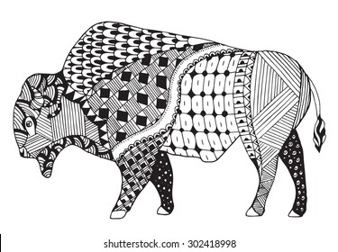 Bison zentangle stylized, vector, illustration, freehand pencil