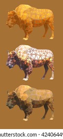 Bisons of different coloring on a brown background in triangulation technique. 