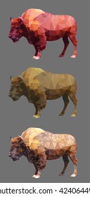 Bisons of different coloring on a gray background in triangulation technique.