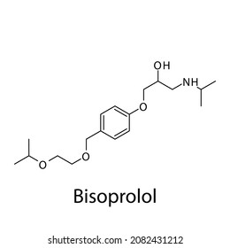Bisoprolol molecular structure, flat skeletal chemical formula. Beta blocker drug used to treat Hypertension, Heart failure. Vector illustration.