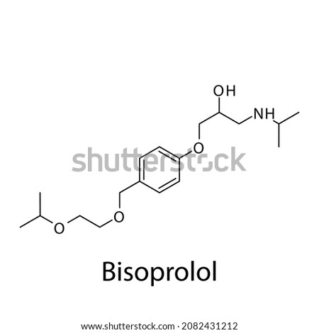 Bisoprolol molecular structure, flat skeletal chemical formula. Beta blocker drug used to treat Hypertension, Heart failure. Vector illustration.