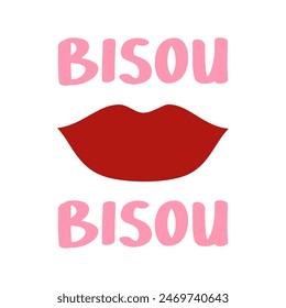 BISOU FRENCH IS KISS, red lip, Graphic design print t-shirts fashion, illustration, vector, posters, cards, stickers, mug