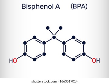 Bisphenol A, BPA, C15H16O2 molecule. It is precursor to polycarbonate plastics and epoxy resins. Structural chemical formula. Vector illustration