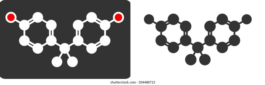 Bisphenol A (BPA) plastic pollutant molecule, flat icon style. Atoms shown as color-coded circles (oxygen - red, carbon - white/grey, hydrogen - hidden).	