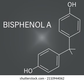 Bisphenol A or BPA plastic pollutant molecule. Chemical often present in polycarbonate plastics, has estrogen disrupting effects. Skeletal formula.