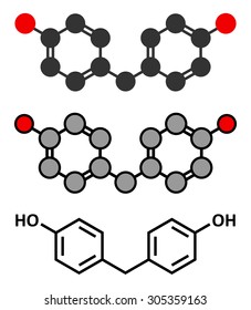 Bisphenol F (BPF) molecule. Alternative for bisphenol A (BPA). Stylized 2D renderings and conventional skeletal formula.
