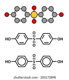 Bisphenol S (BPS) Plasticizer Molecule. Used As Curing Agent In Epoxy Glues And As Alternative To BPA. Stylized 2D Rendering And Conventional Skeletal Formulae.