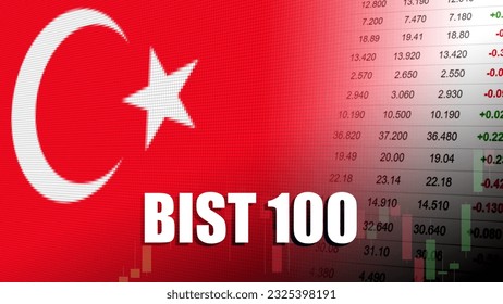 BIST 100. Index of 100 selected companies traded on the Istanbul Stock Exchange. Borsa Istanbul. Candlestick pattern, Price quotation, and Flag of Turkey.