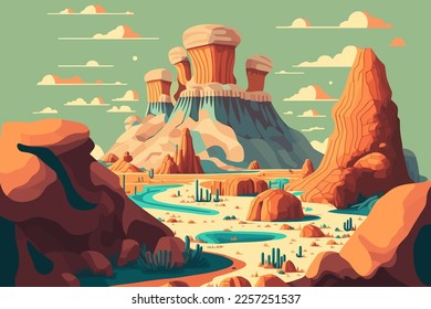 bisti badlands new mexico Desert landscape with mountains and river. Vector illustration in cartoon style