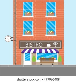 Bistro building cafeteria. Cafe or restaurant, bistro cafe, coffee shop, vector illustration