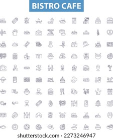 Bistro cafe line icons, signs set. Bistro, Cafe, Dining, Restaurant, Cuisine, Coffee, Breakfast, Lunch, Dinner outline vector illustrations.