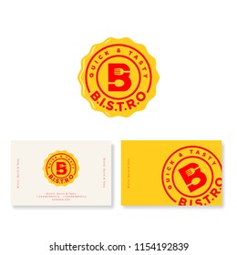 Bistro Cafe Logo. B Letter With Fork And Spoon On Yellow Badge. Identity. Business Card.