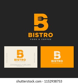 Bistro cafe logo. Yellow B letter with fork and spoon, isolated on a dark background. Identity. Business card.