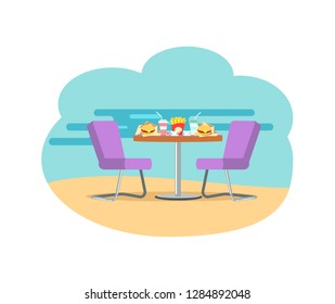 Bistro cafe served table vector, desk with burgers and soda. Beverage in plastic cup, french fries and cheeseburger with cheese in paper packages
