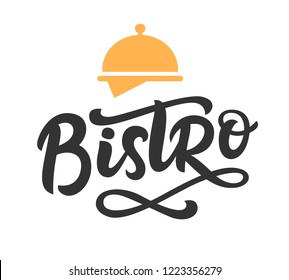 Bistro cafe vector logo badge with hand written modern calligraphy. Elegant lettering logotype, vintage retro style.
