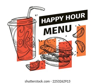 Bistro or eatery menu, happy hour discounts and sales. Burger and coke, chips and beverages. Dinner or lunch, breakfast set for eating. Promotional banner or advertisement, vector in flat style