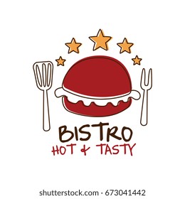 Bistro hot and tasty logo template hand drawn colorful vector Illustration