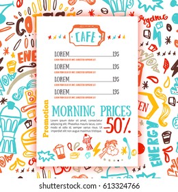 Bistro menu with coffee pattern on background in bright sketch style, hand drawn vector illustration