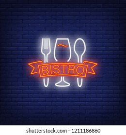 Bistro neon sign. Luminous signboard with wine glass and silverware. Night bright advertisement. Vector illustration in neon style for cafe, food delivery