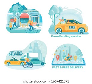 Bistro Order Free Delivery Flat Illustrations Set. Products for People in Need Delivering Isolated Design Element. Urban Restaurant Courier Cartoon Pack. Takeaway Snack Delivery Collection