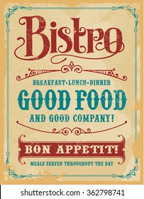 Bistro Poster Sign, vintage vector design with removable texture