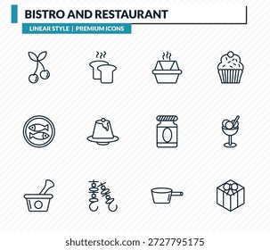 Conjunto de iconos de bistró y restaurante: dos cerezas, carga de pan, caja de alimentos, taza de bolas de helado, colección de Vector de contorno de caja de pastel.