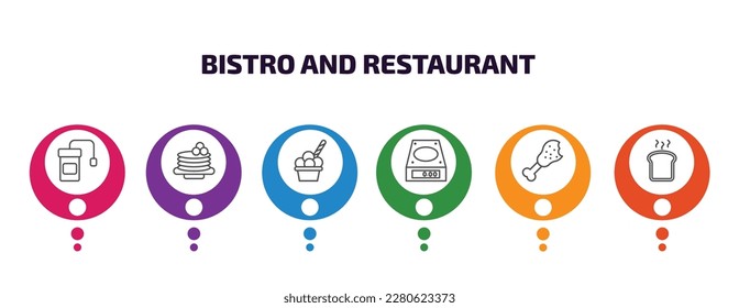 plantilla de infografía de bistró y restaurante con iconos y 6 pasos o opción. íconos de bistró y restaurante como bolsa de infusión, crepe, helado, helado, escala de peso eléctrico, muslo de pollo,