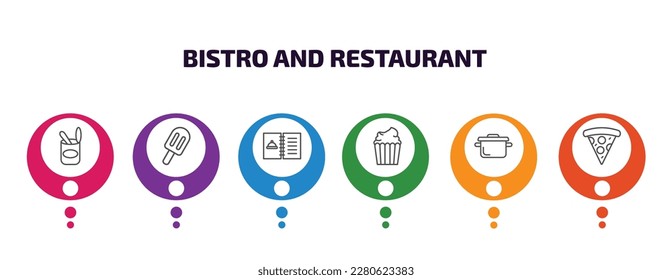 plantilla de infografía de bistró y restaurante con iconos y 6 pasos o opción. íconos de bistró y restaurante como hojalata abierta con cuchara, helado pop, menú abierto, quequito con crema, olla de bistró, pepperoni