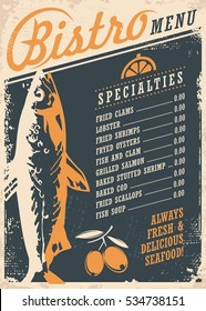 Bistro restaurant menu design template with fish drawing and olives. Creative seafood poster concept on dark blue background.