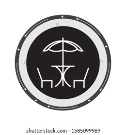 Bistro round table with open umbrella tent and two chairs