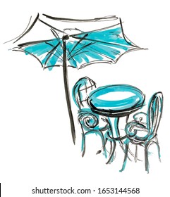 Bistro Round Table With Open Umbrella Tent And Two Chairs Hand Drawn Marker Sketch Eps10 Vector Illustration.