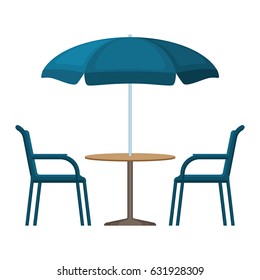Bistro round table with open umbrella tent and two chairs