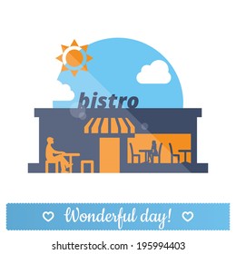 Bistro, street cafe, restaurant flat icon: vector illustration of man and woman at lunch. Sunny summer day.